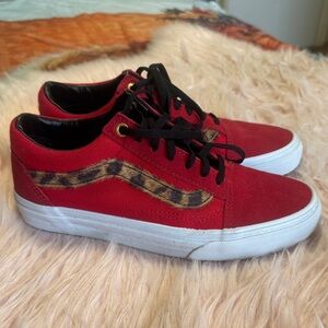 Vans Red Low-Top Sneakers with Leopard Stripe
